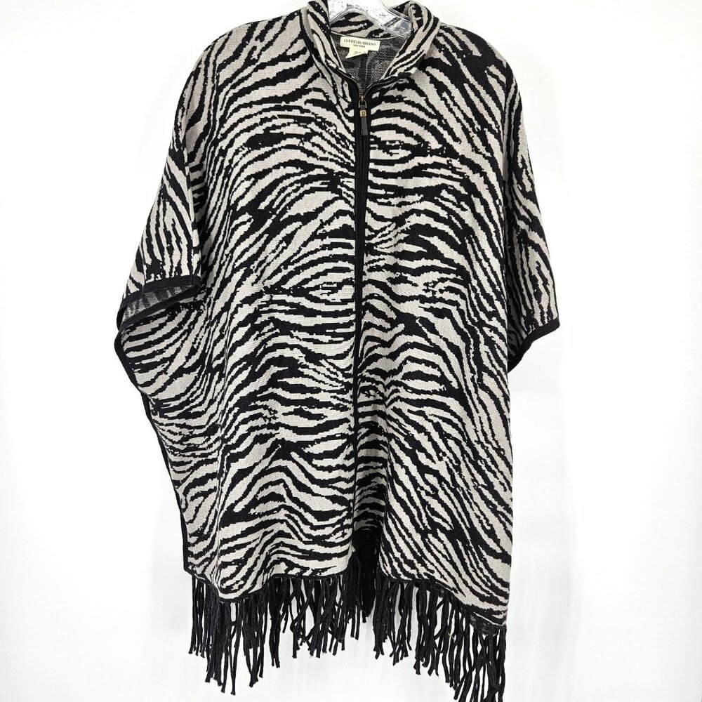 Christian Siriano Poncho Women L XL Zebra Fringe Sweater Knit Pullover Zip Front